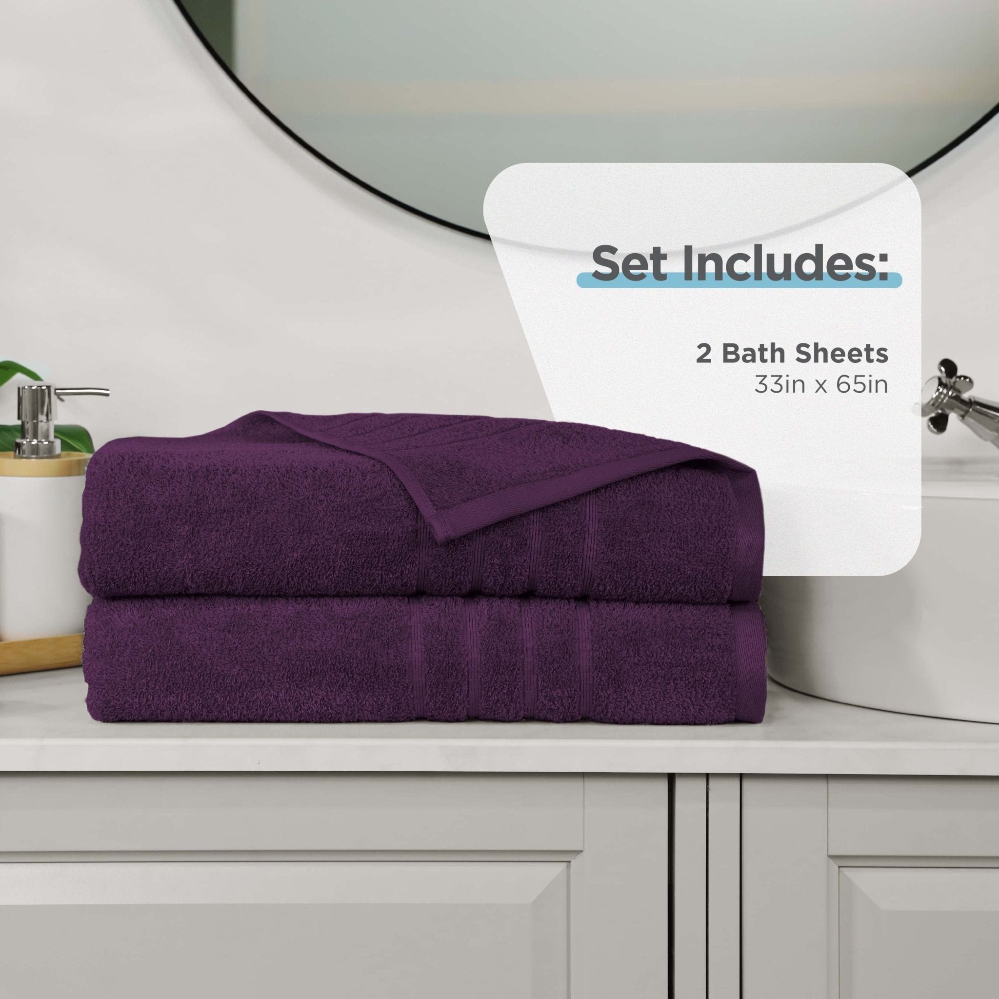 Two dark purple bath sheets on a bathroom counter with product details overlay.