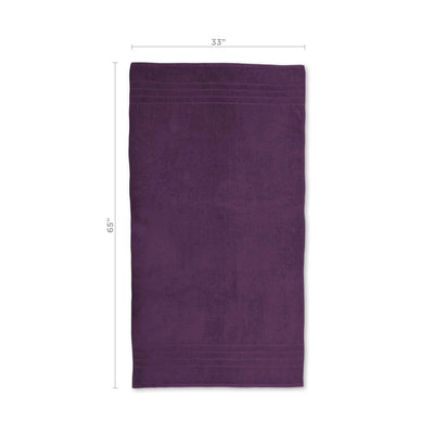 Dark purple bath sheet with dimensions on a white background