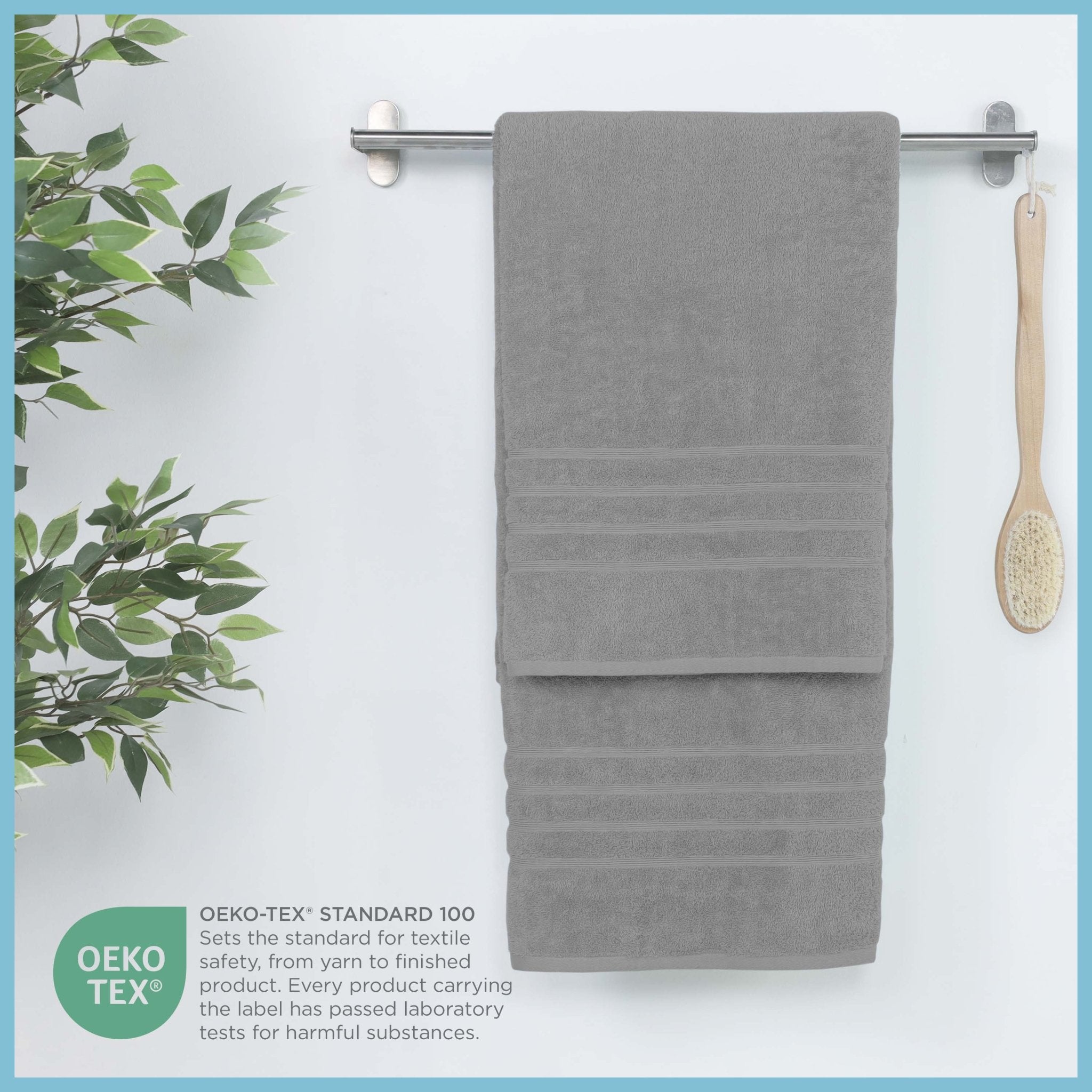 Monument gray bath sheet hanging on a rack, featuring OEKO-TEX certification.