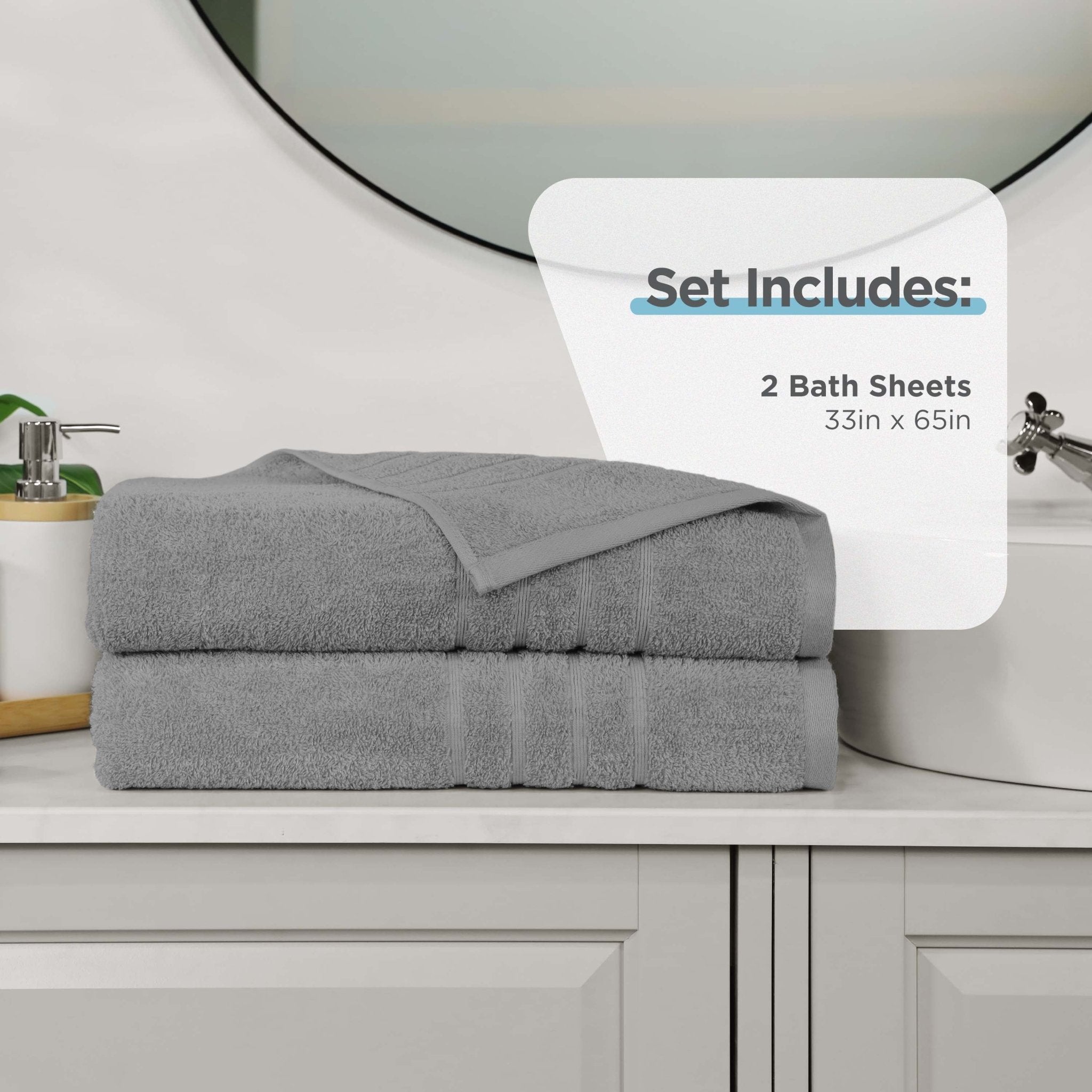 Two monument grey bath sheets on a bathroom counter with product details overlay.