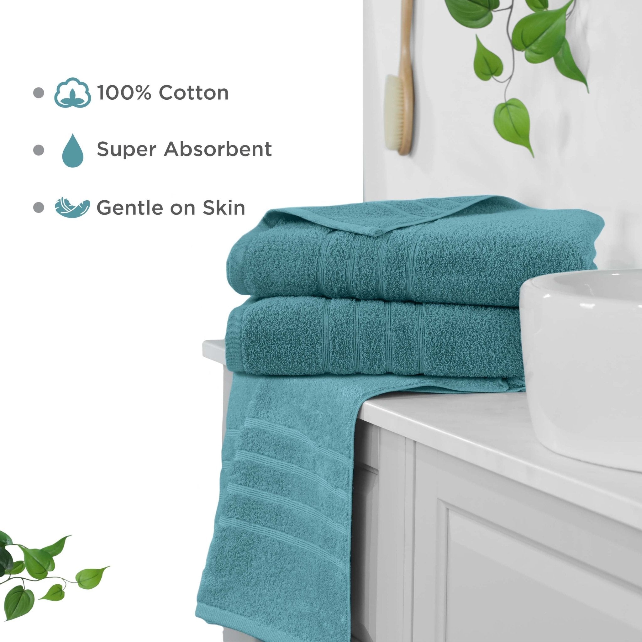 Larkspur teal bath sheets on a white cabinet with text highlighting features like 100% cotton, super absorbent, and gentle on skin.