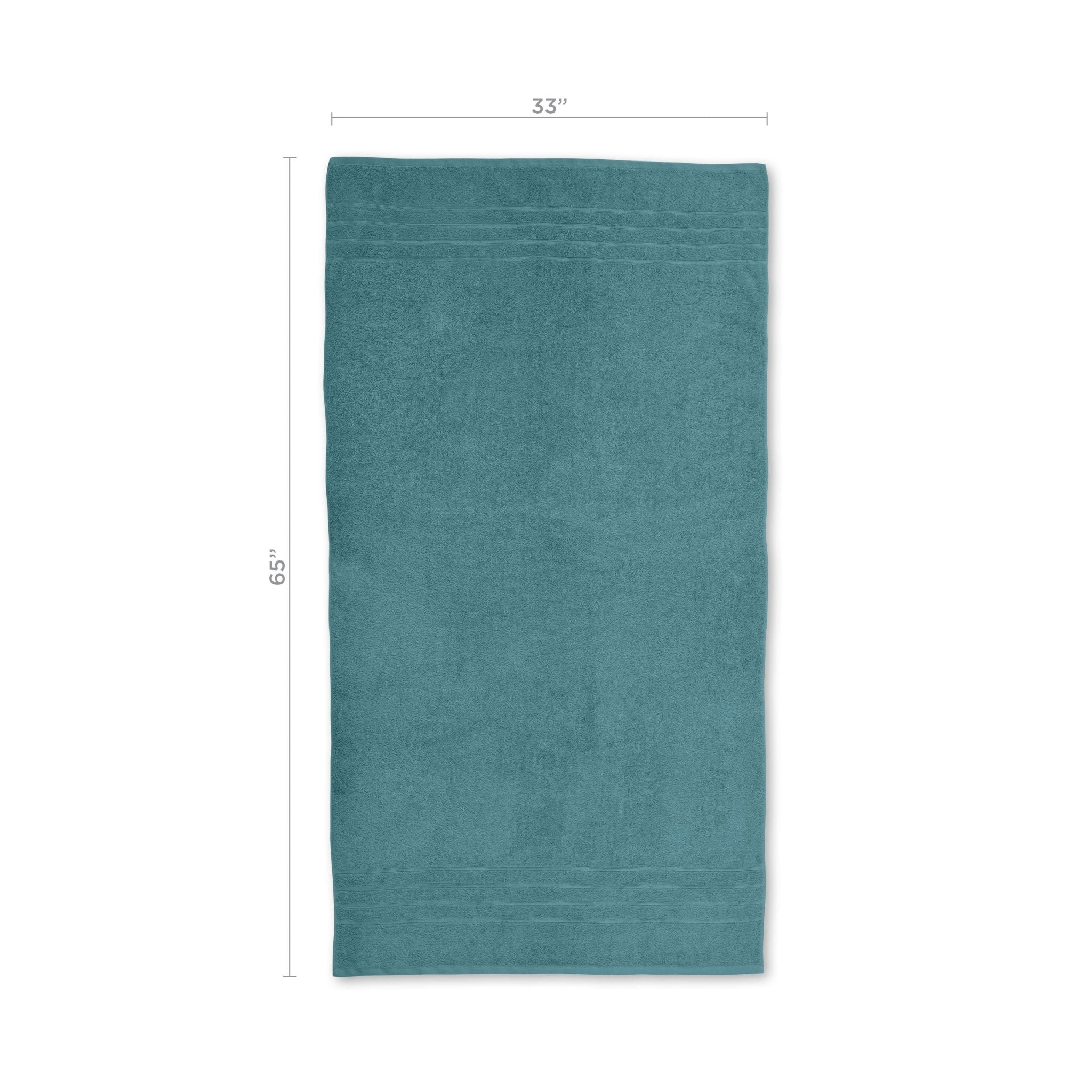 Larkspure teal bath sheet with dimensions on a white background