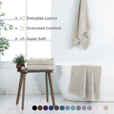 New sand bath sheets displayed in a bathroom setting with text highlighting features.