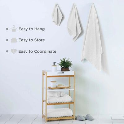 Three hanging white towels on the wall above and text on the left listing features: Easy to Hang, Easy to Store, Easy to Coordinate.
