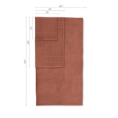 A terracotta-colored towel set with dimension lines and measurements showing the main towel as 30 by 54 inches, 16 by 28 inches and the smaller matching towel as 16 by 13 inches on a white background.