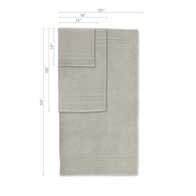 Sand colored towel with dimensions labeled on a white background