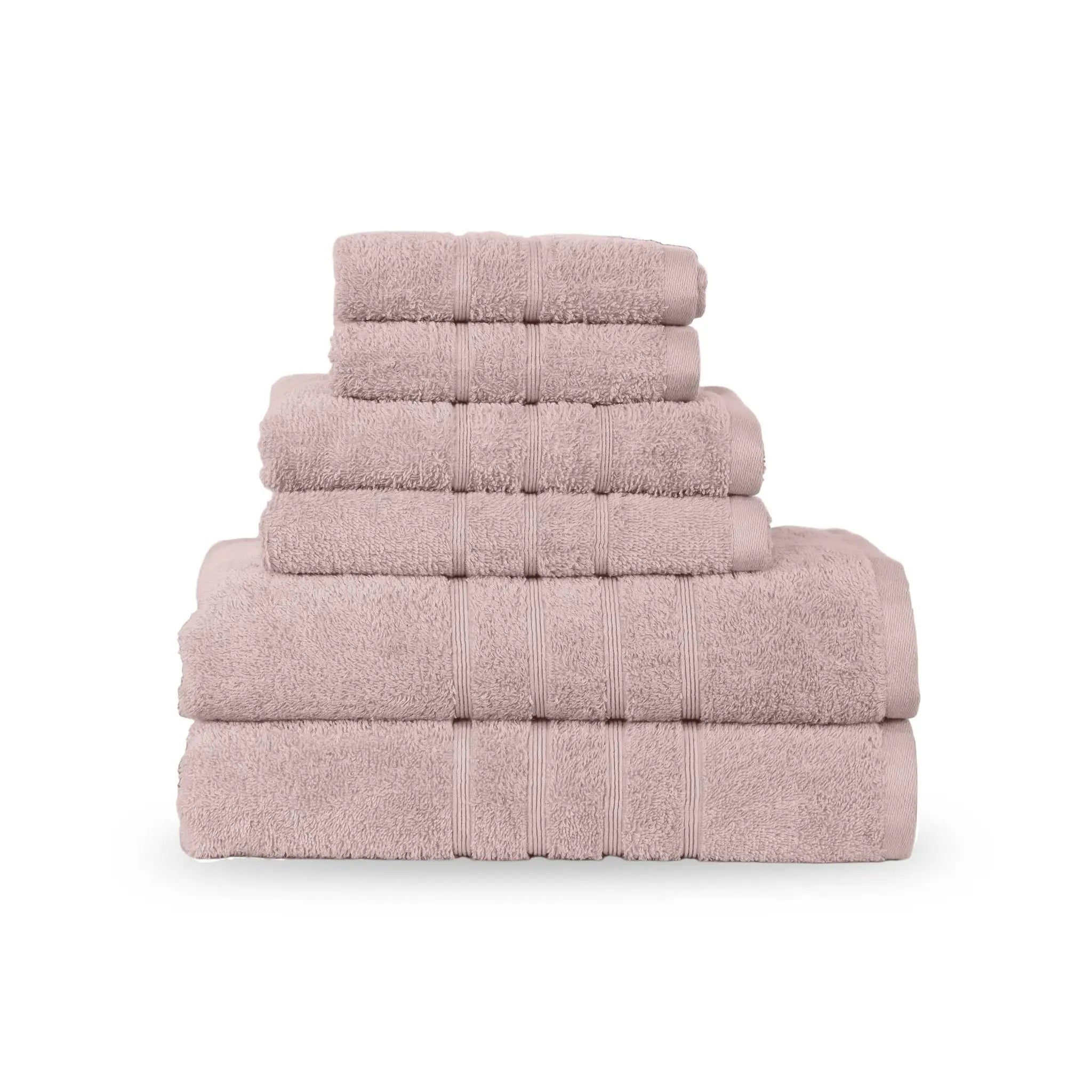 A six-piece set of pink towels, neatly stacked by size on a clean white background.