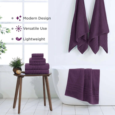 Purple towels displayed in a bathroom setting with text highlighting features.