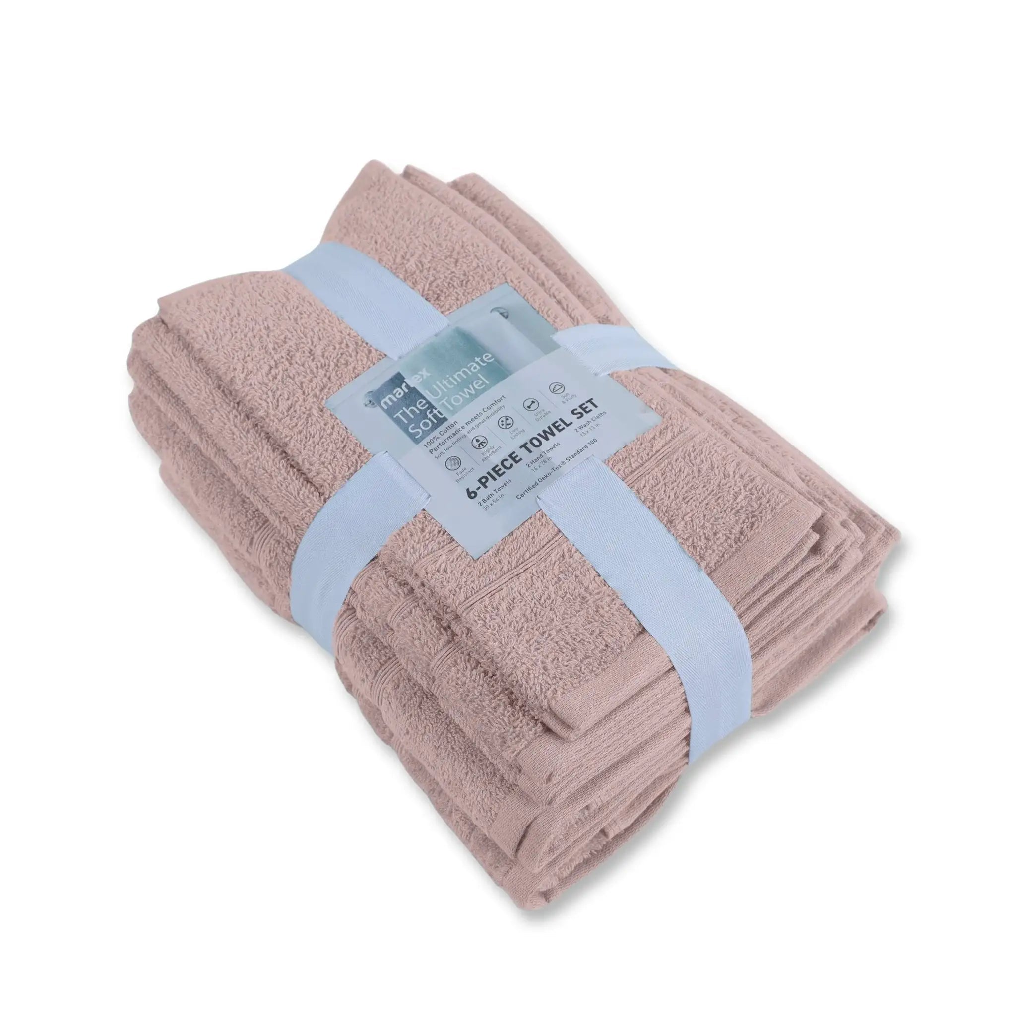 A set of six folded pink towels, wrapped with a light blue paper band and a white product label.