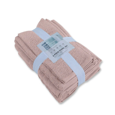 A set of six folded pink towels, wrapped with a light blue paper band and a white product label.