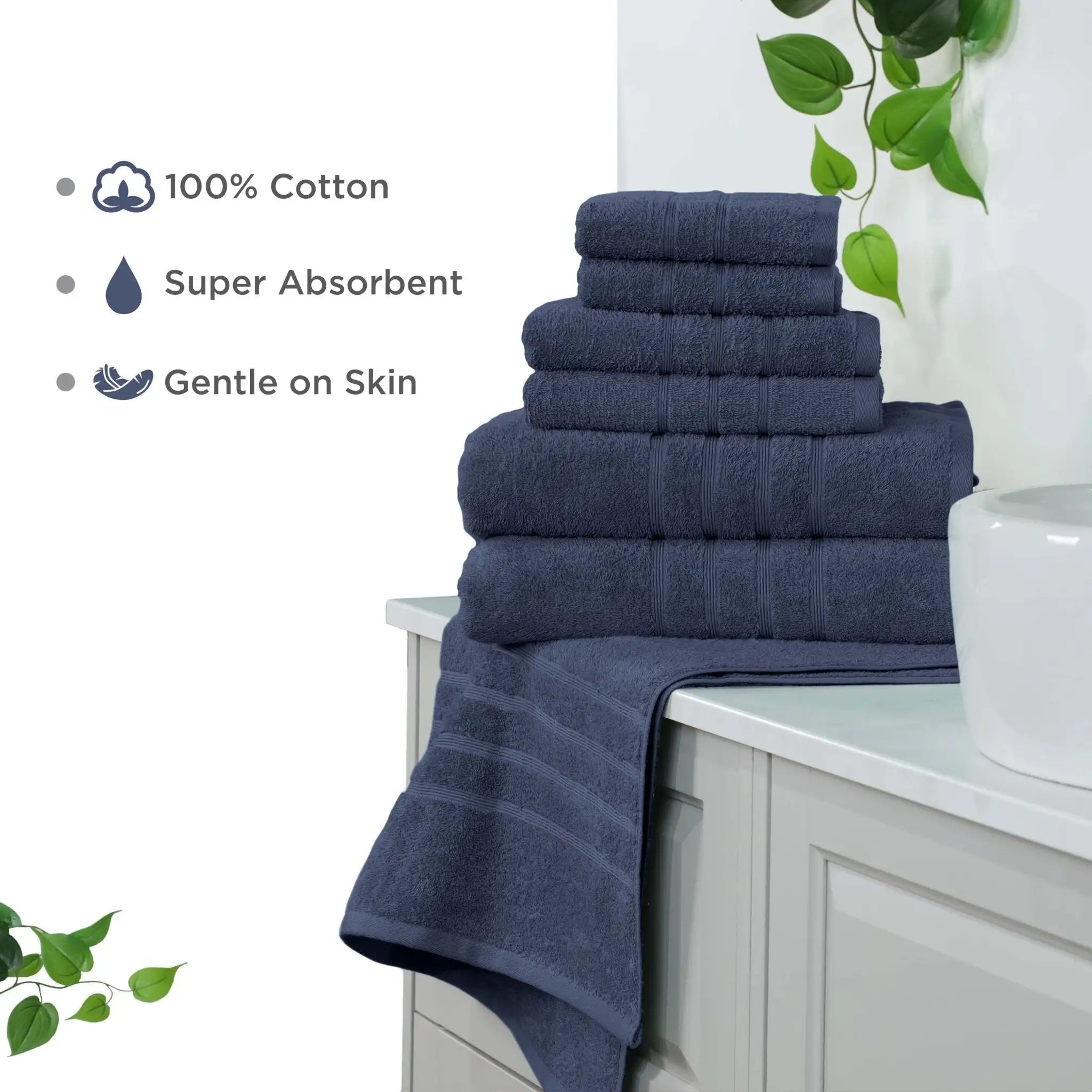 Set of blue towels on a bathroom counter with text highlighting features.