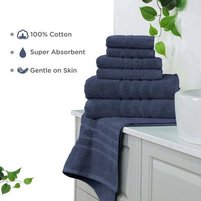 Set of blue towels on a bathroom counter with text highlighting features.