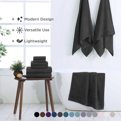 Set of black towels displayed in a bathroom setting with text highlighting features.