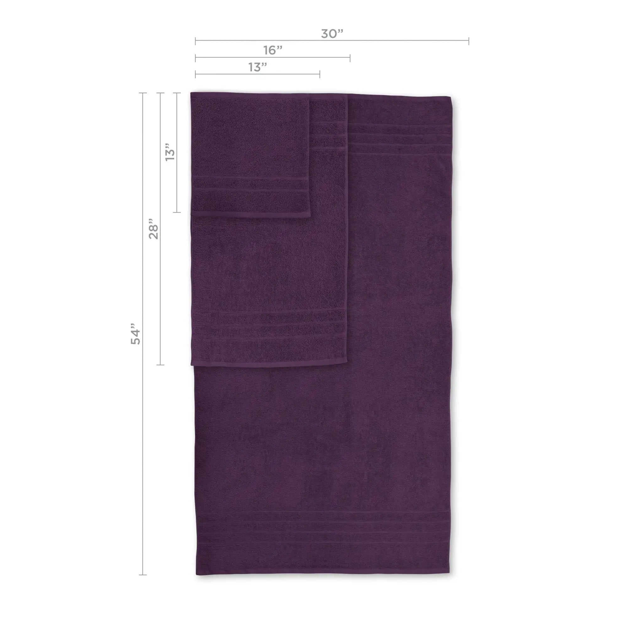 Purple towel set shown with dimension lines and labels indicating measurements of 54 inches by 30 inches, hand towel 16 inches by 28 inches and washcloth 13 inches by 13 inches.