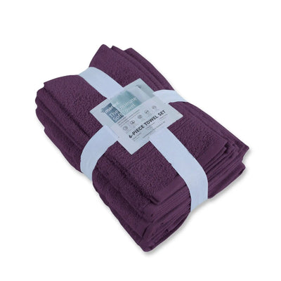 A folded 6-piece towel set in a deep purple color, wrapped with a white paper band that has a product label attached, set against a plain white background.