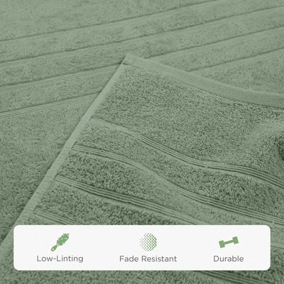 Sage towel fabric with texture and a label indicating low-lighting, fade resistance, and durability.