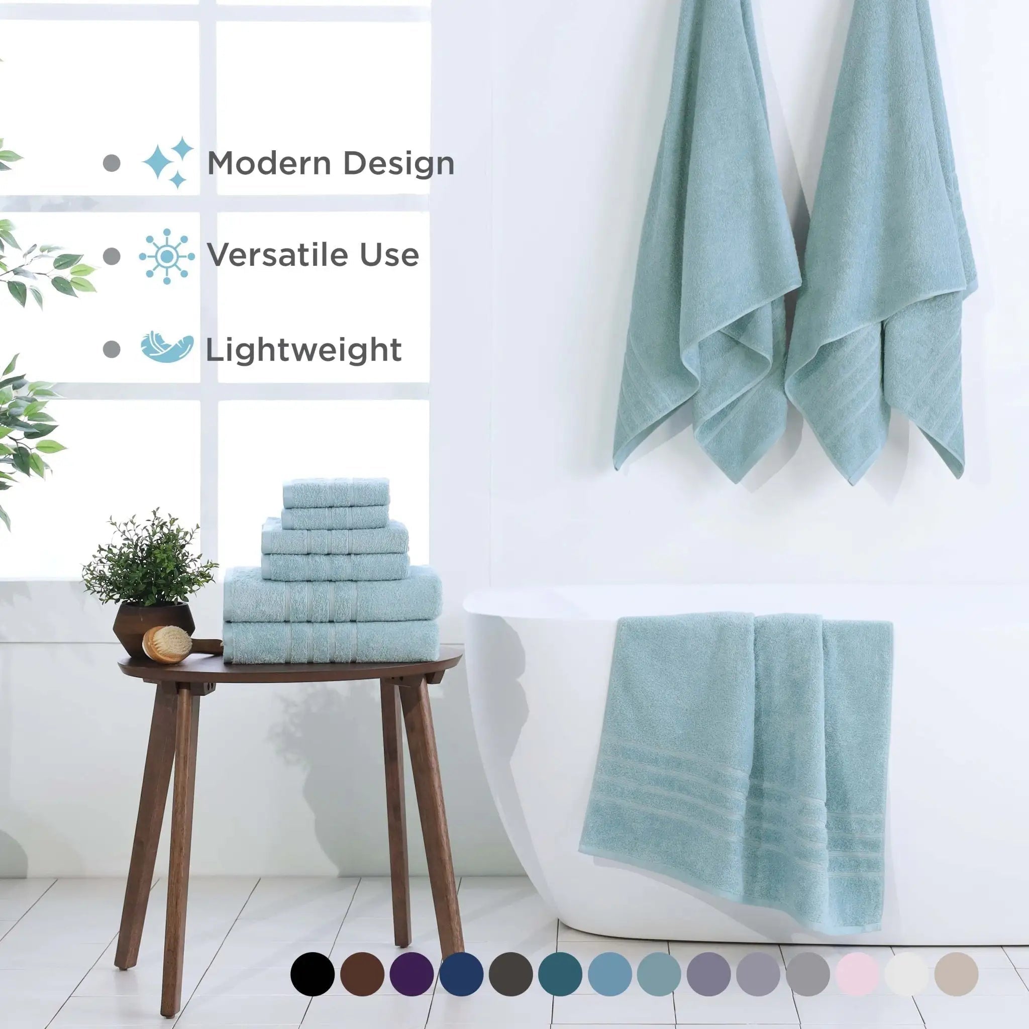 A set of mineral towels, including hand towels, bath towels and washcloths, displayed in a bright bathroom. The image includes text highlighting key features ('Modern Design', 'Versatile Use', 'Lightweight') and a color swatch circle bar at the bottom.