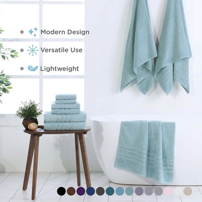 A set of mineral towels, including hand towels, bath towels and washcloths, displayed in a bright bathroom. The image includes text highlighting key features ('Modern Design', 'Versatile Use', 'Lightweight') and a color swatch circle bar at the bottom.