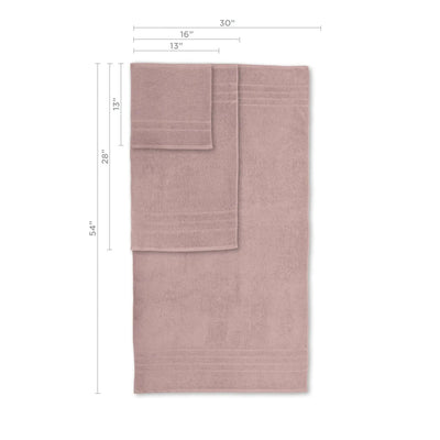 A pink towel set with dimension lines and labels showing measurements of 54 inches by 30 inches, 28 inches by 16 inches, and 13 inches by 13 inches on a white background.