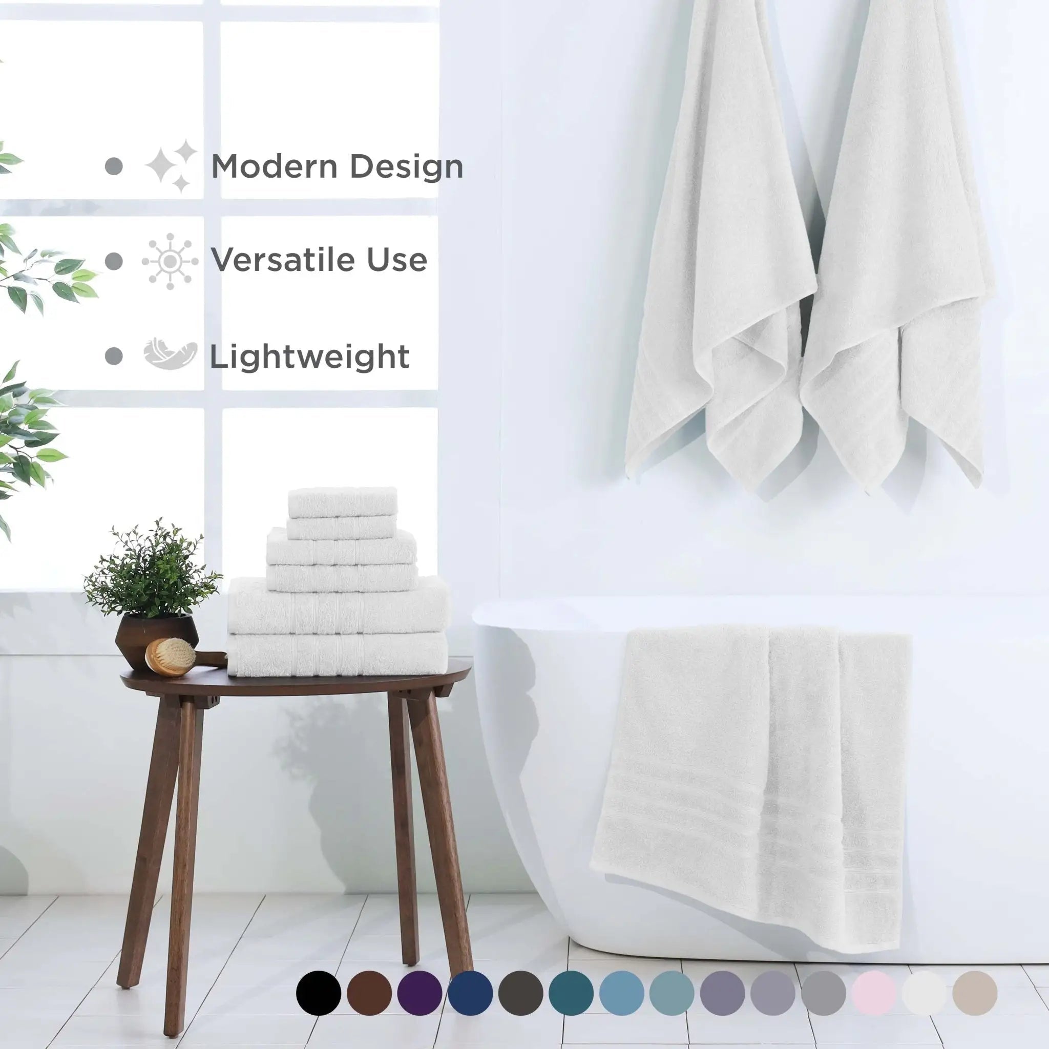 White towel set on a wooden stool with text highlighting features in a bathroom setting.
