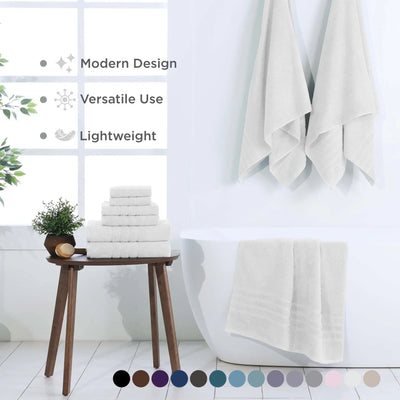 White towel set on a wooden stool with text highlighting features in a bathroom setting.