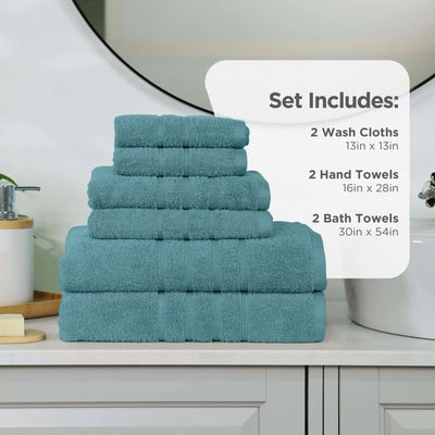 Set of teal towels including wash cloths, hand towels, and bath towels on a bathroom counter.