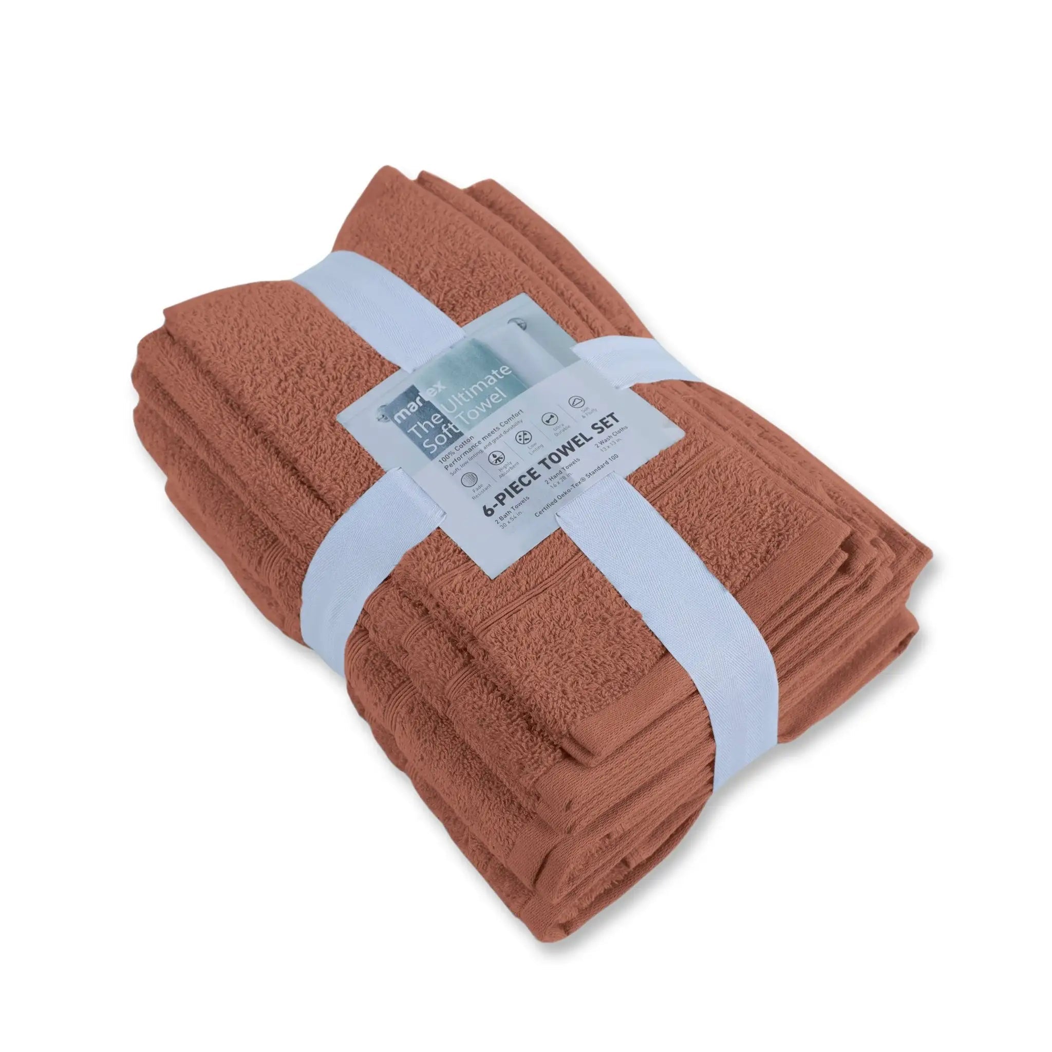 Set of terracotta towels wrapped with a label on a white background