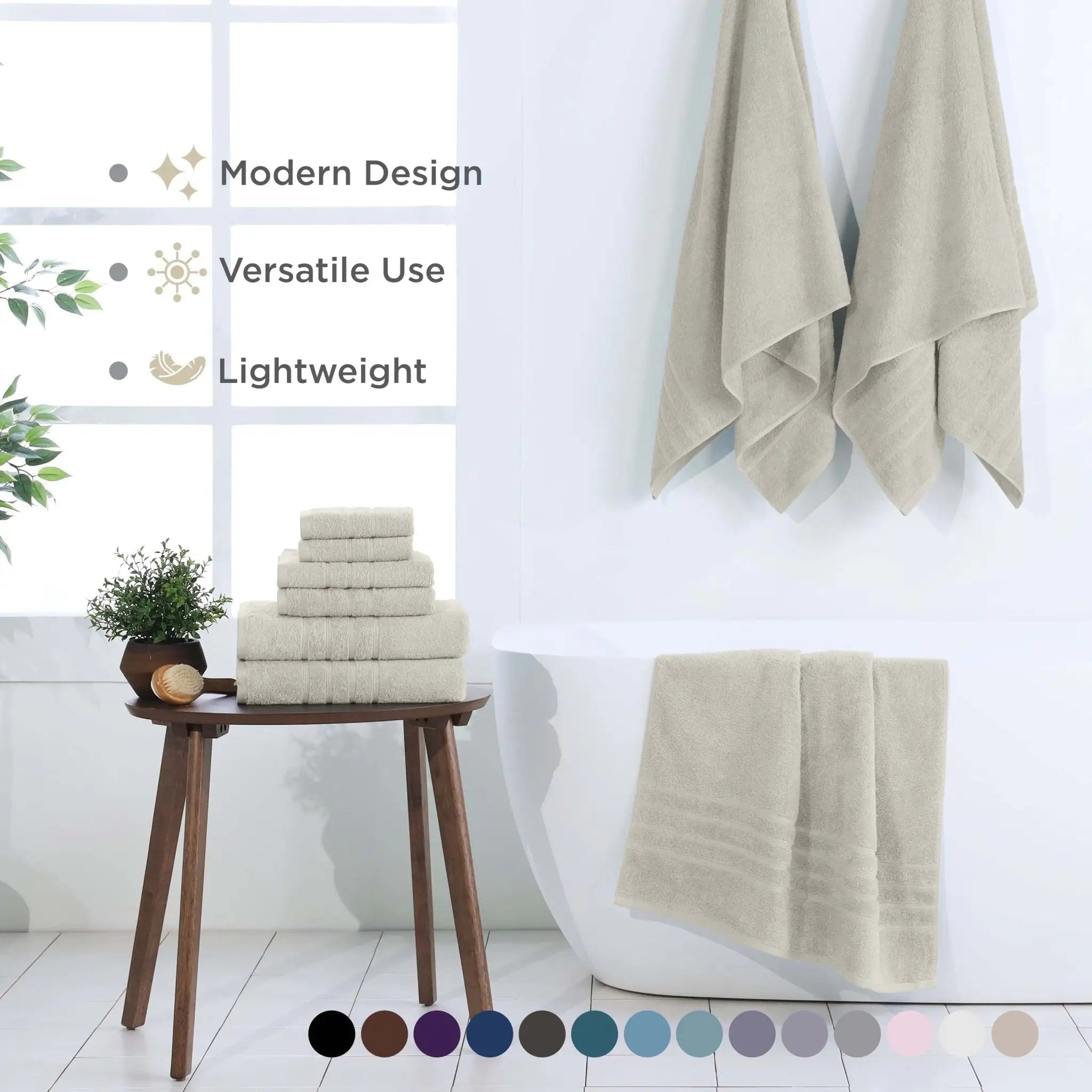 Sand colored towel set displayed on a wooden stool and hanging on a wall with text highlighting features.