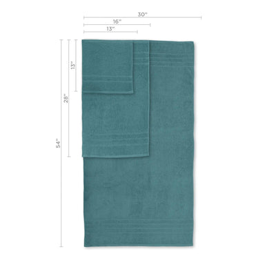 Teal towel with dimensions labeled on a white background