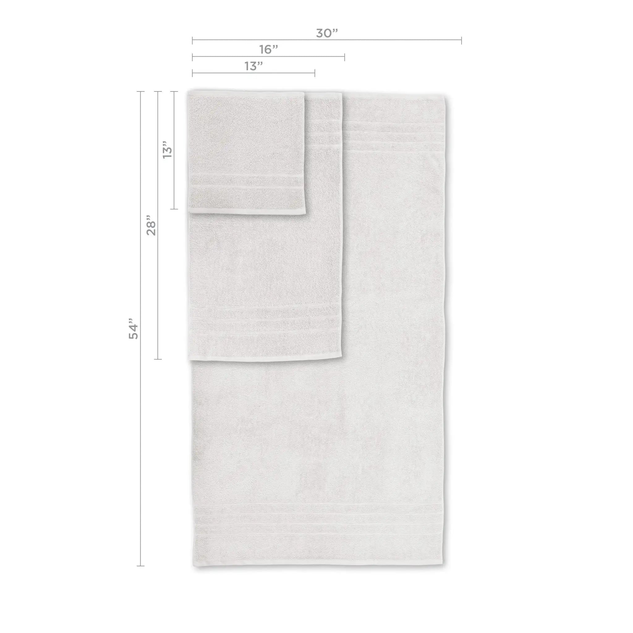 White towels with dimension markings showing measurements of 54 inches by 30 inches, 28 inches by 16 inches, and 13 inches by 13 inches on a white background.