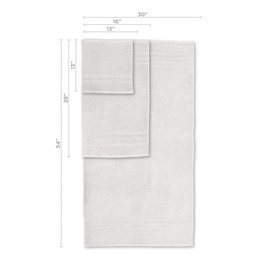 White towels with dimension markings showing measurements of 54 inches by 30 inches, 28 inches by 16 inches, and 13 inches by 13 inches on a white background.