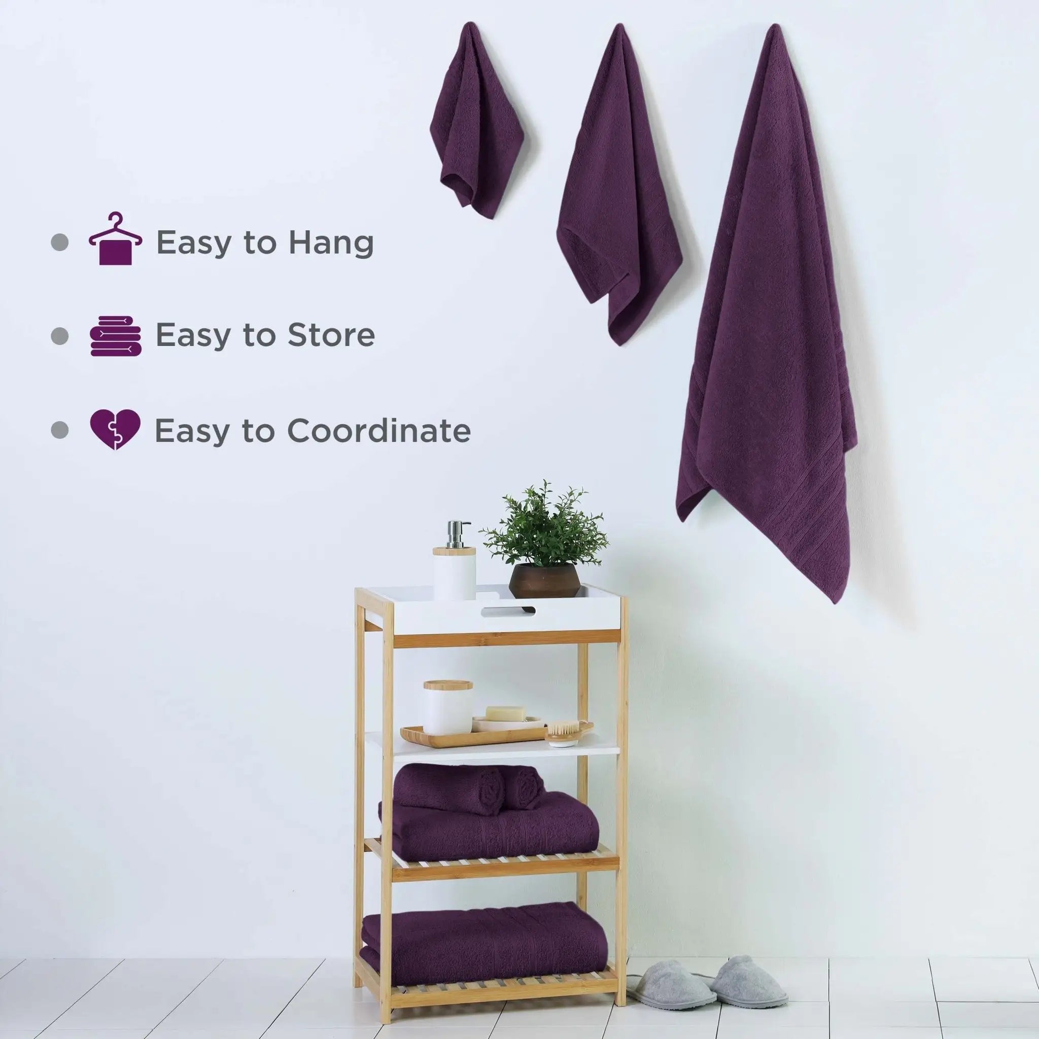 Purple towels on a wooden shelf against a white wall with text indicating features.