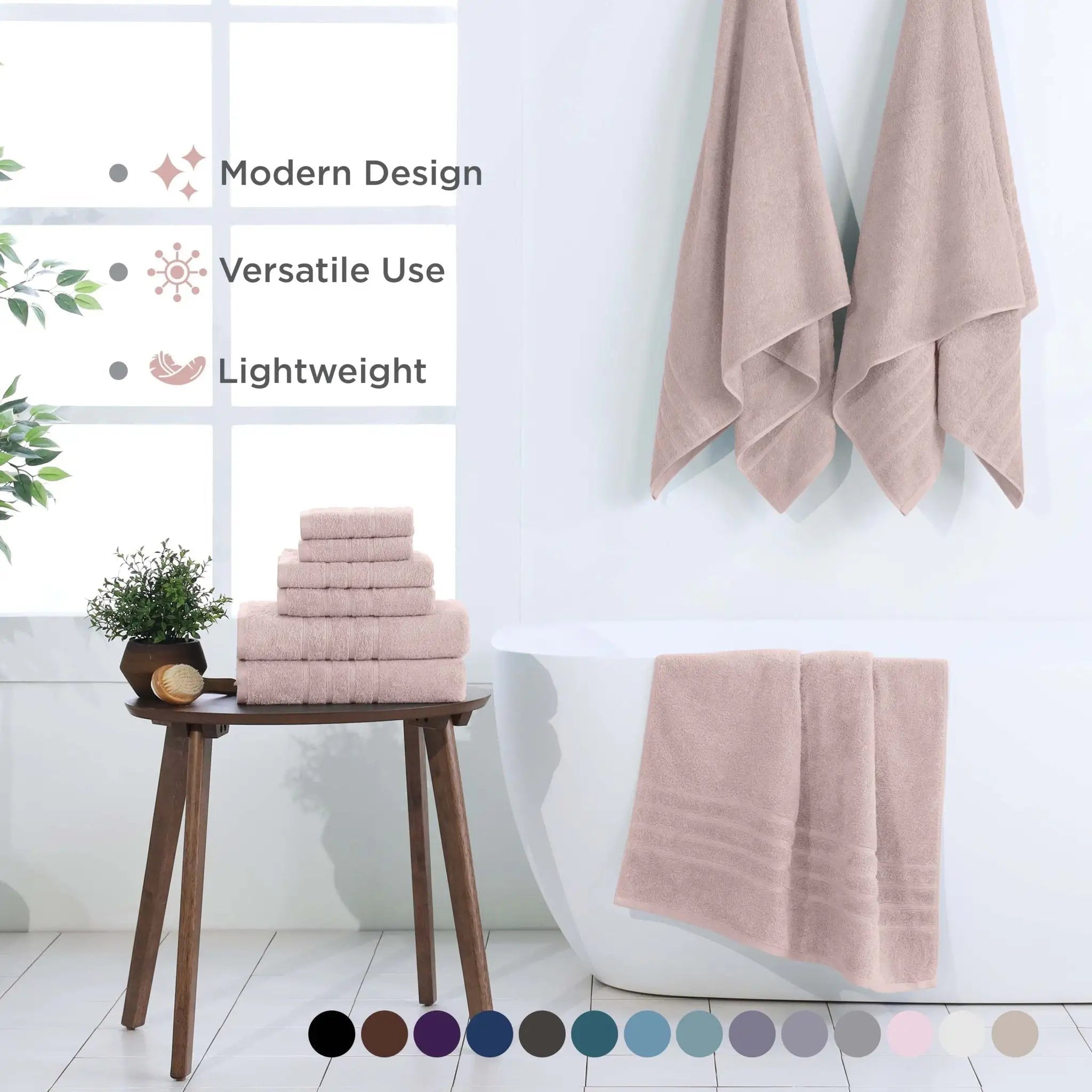 Set of pink towels displayed in a bathroom setting with text highlighting features.