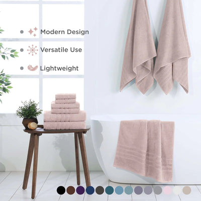 Set of pink towels displayed in a bathroom setting with text highlighting features.