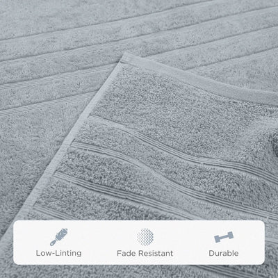 A close-up of a spa blue textured towel with horizontal ribbed stripes, showing a folded corner and a white feature banner at the bottom with text reading Low-Linting, Fade Resistant, and Durable.