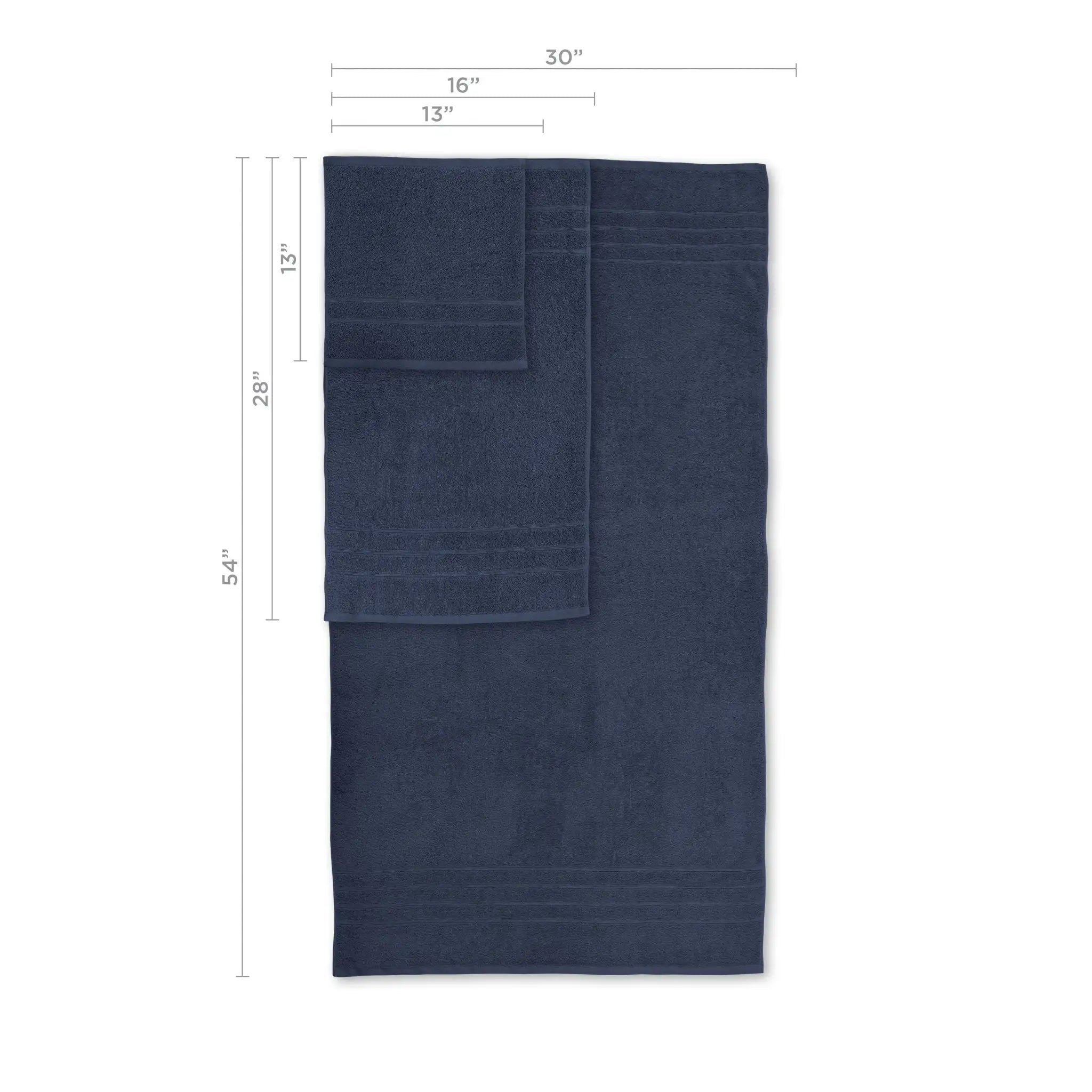 A blue towel set with dimension lines and labels showing measurements of 54 inches by 30 inches, 16 inches by 28 inches, and 13 inches by 13 inches on a white background.