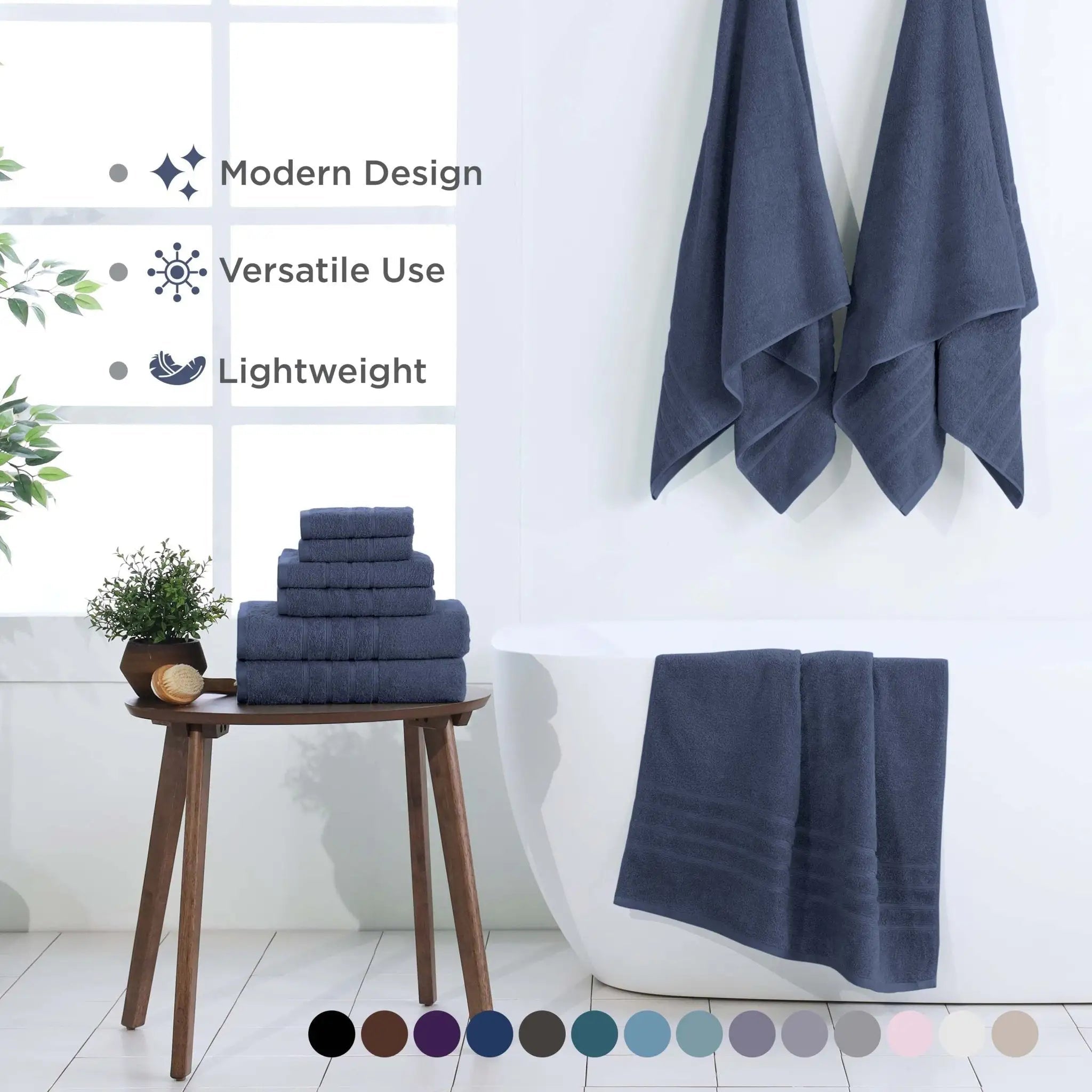 A set of blue towels displayed in a bright bathroom setting, with a stack on a wooden stool. Text on the left highlights modern design, versatile use, and lightweight features, with a color swatch row at the bottom.