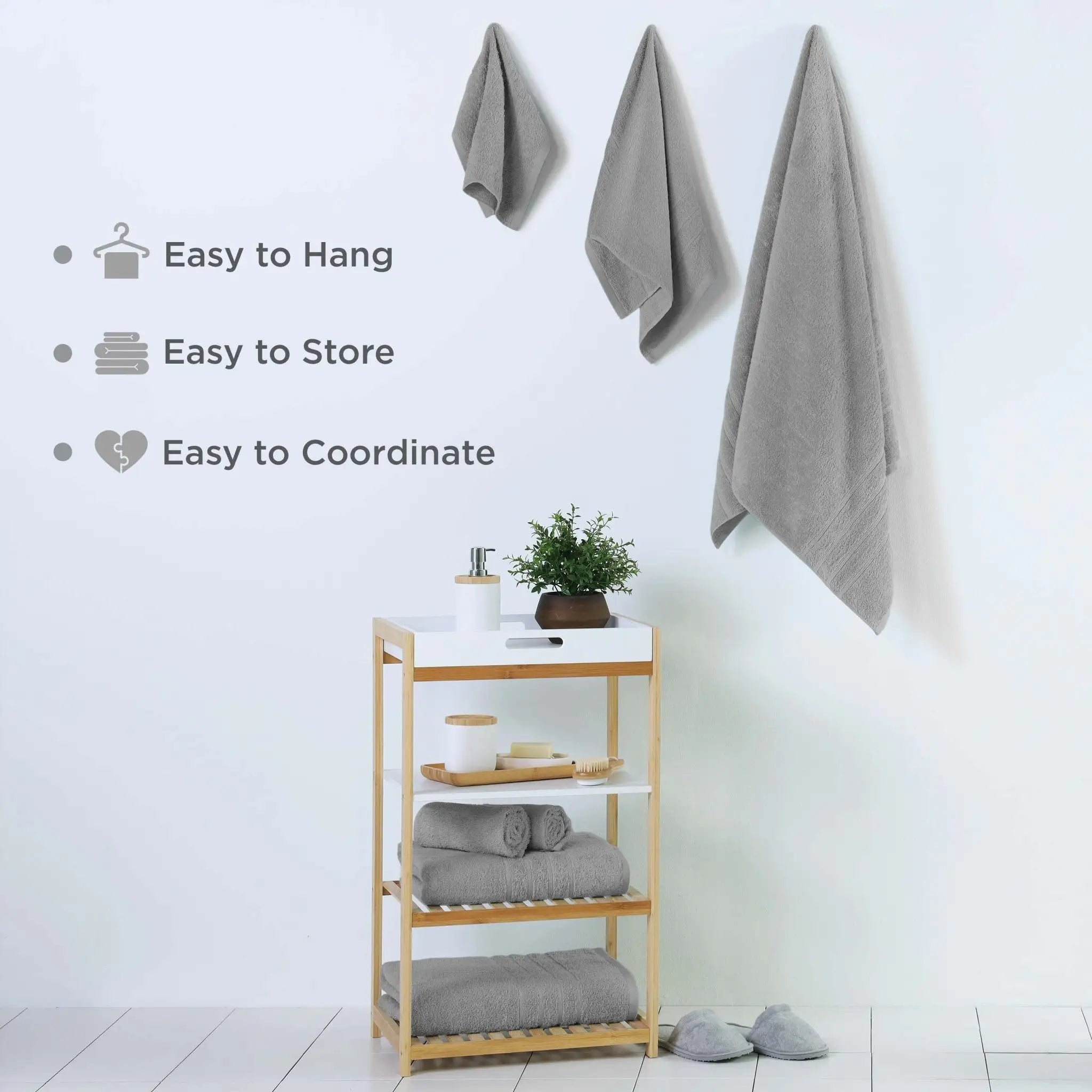 Grey towels on a wooden shelf with text indicating features