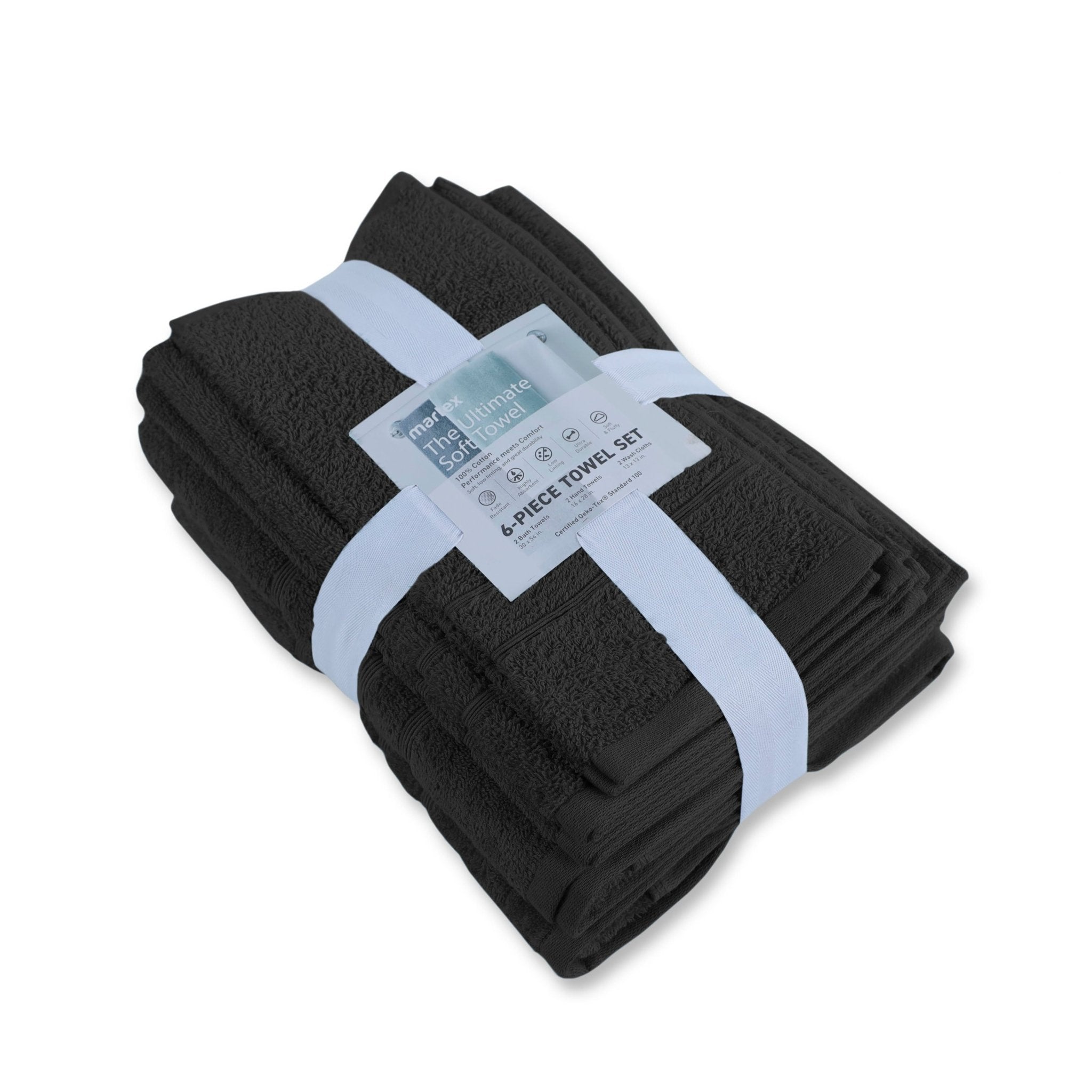 Packaged black towel set with a label on a white background
