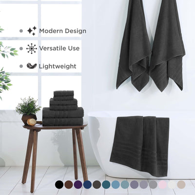 Set of black towels displayed in a bathroom setting with text highlighting features.