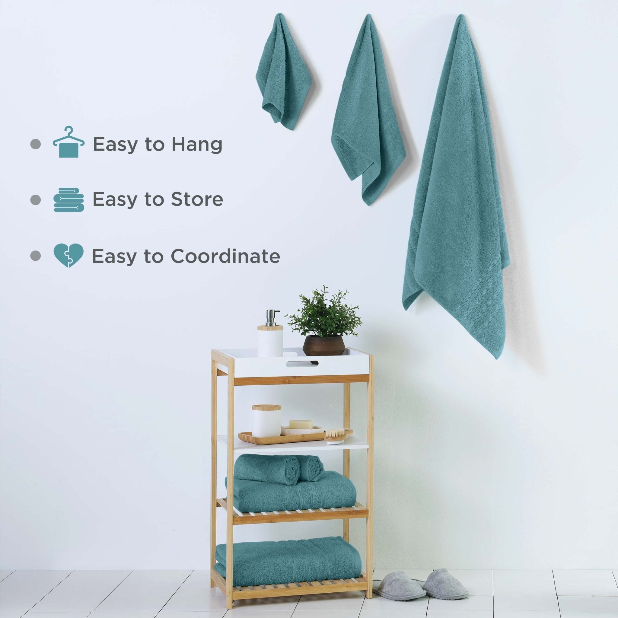 Mineral towels on a wooden shelf with text indicating features