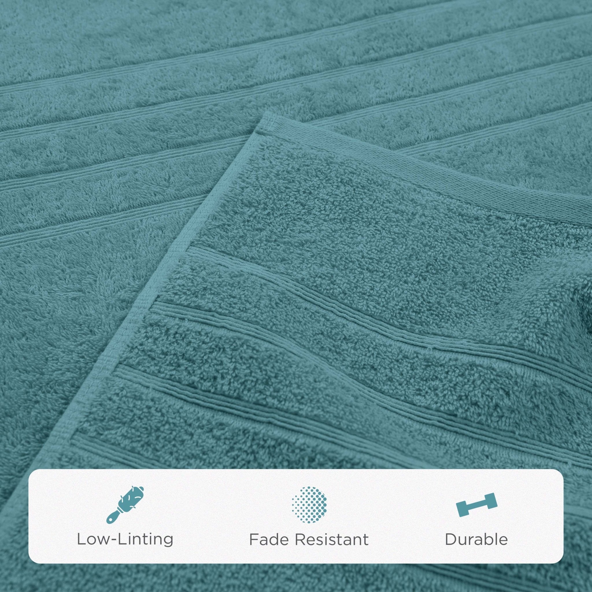 Larkspur Teal textured towel with durability features displayed