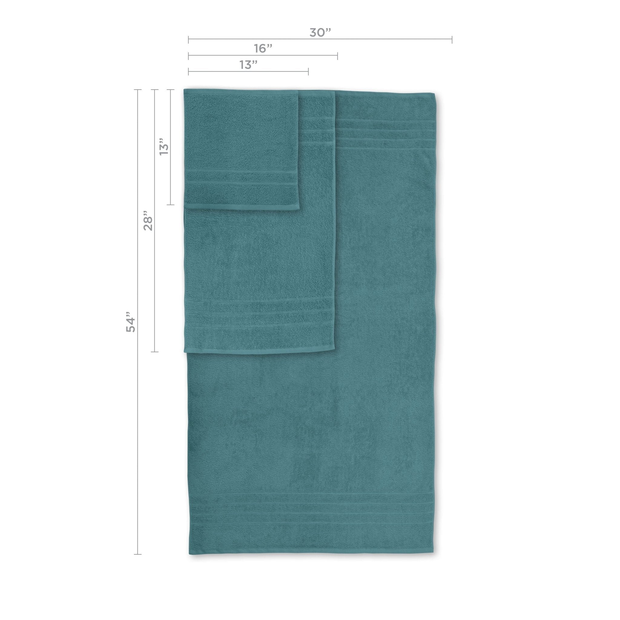 Larkspur Teal towel with dimensions labeled on a white background