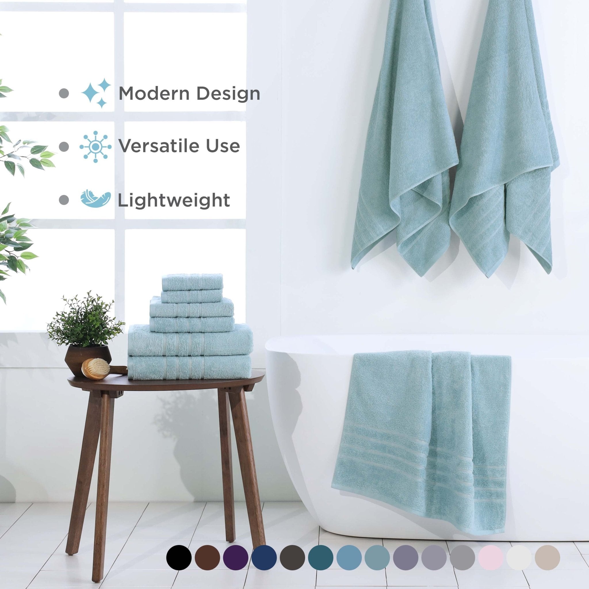 Set of mineral towels displayed in a bathroom setting with text highlighting features.