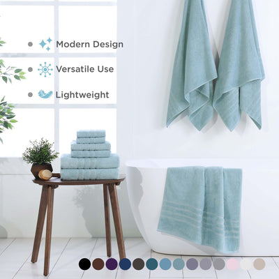 Set of mineral towels displayed in a bathroom setting with text highlighting features.