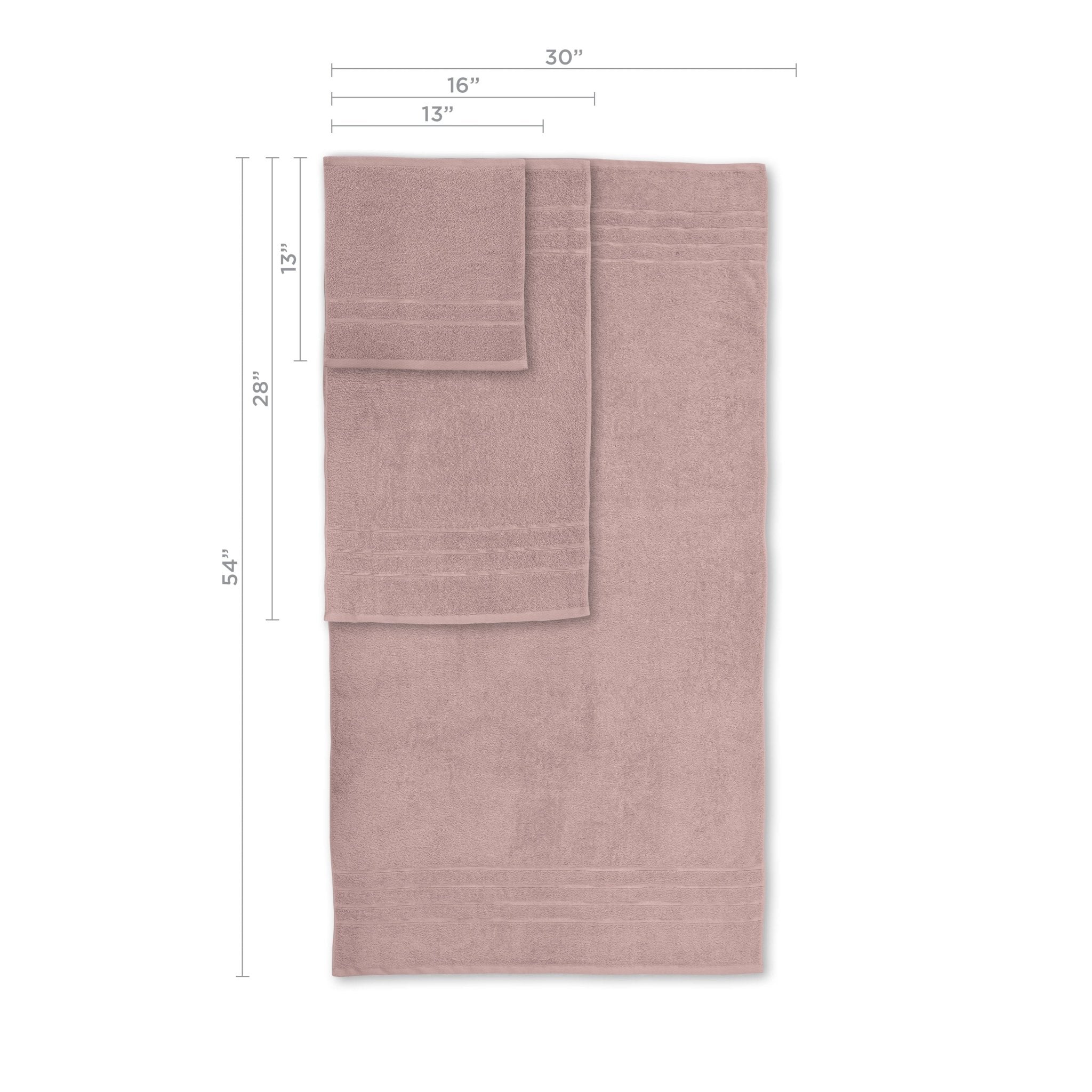 Pink towel set with dimensions on a white background