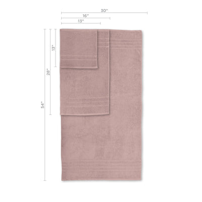 Pink towel set with dimensions on a white background