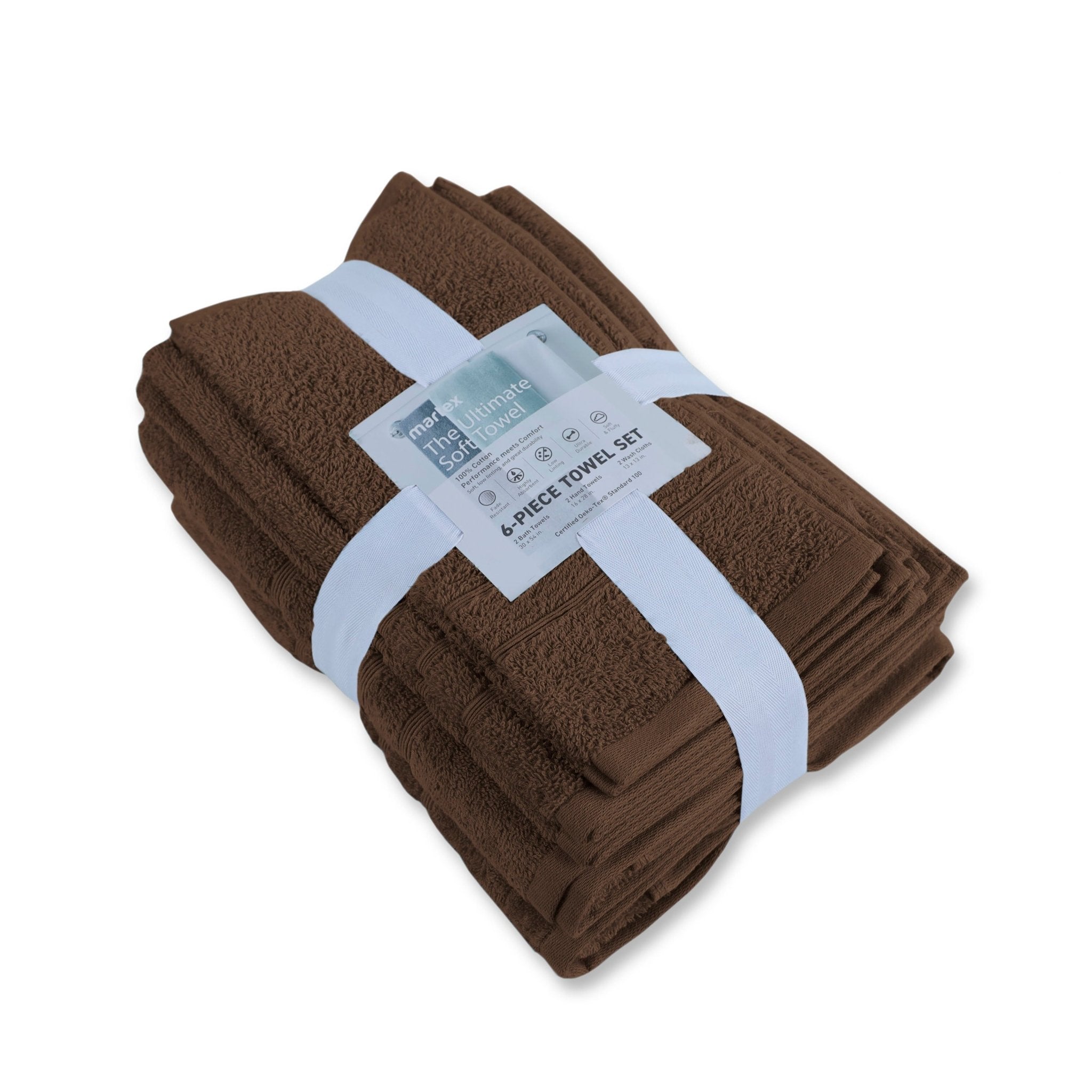 Set of brown towels wrapped with a label on a white background