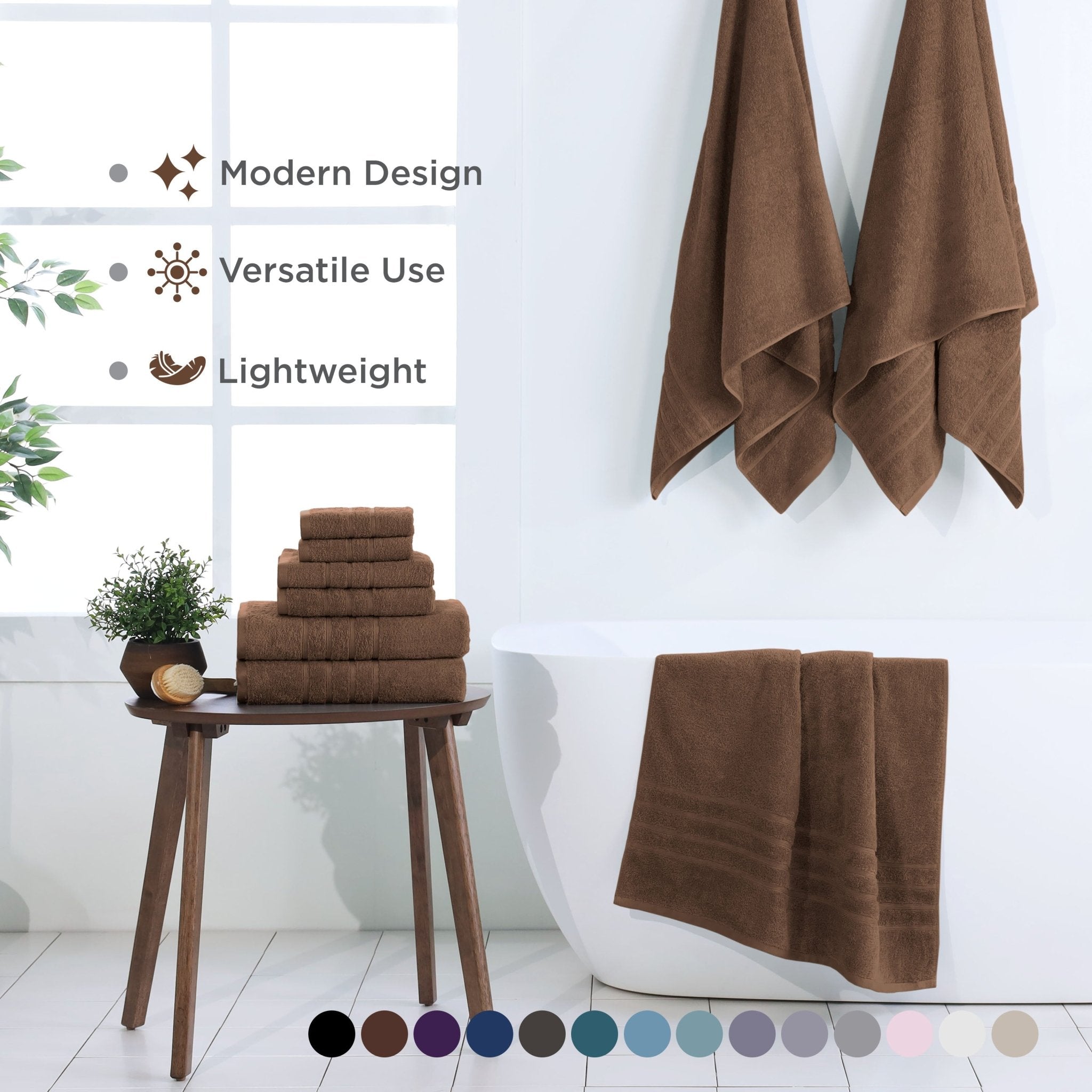 Brown towels displayed on a stand and hanging on a wall with text highlighting features.