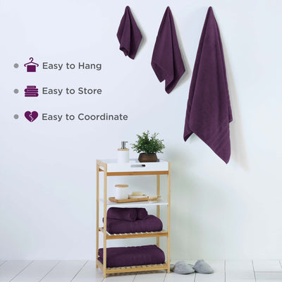 Purple towels on a wooden shelf against a white wall with text indicating features.